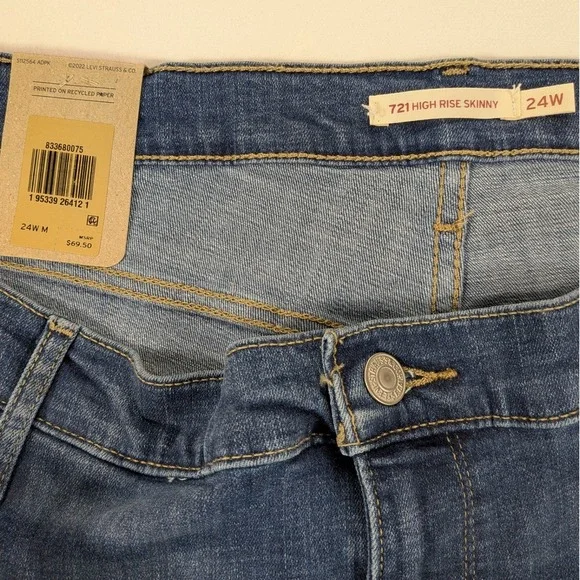 NWT Levi Strauss 721 Jeans Women 24 High Rise Skinny Distress Blue Denim Classic - Picture 5 of 12